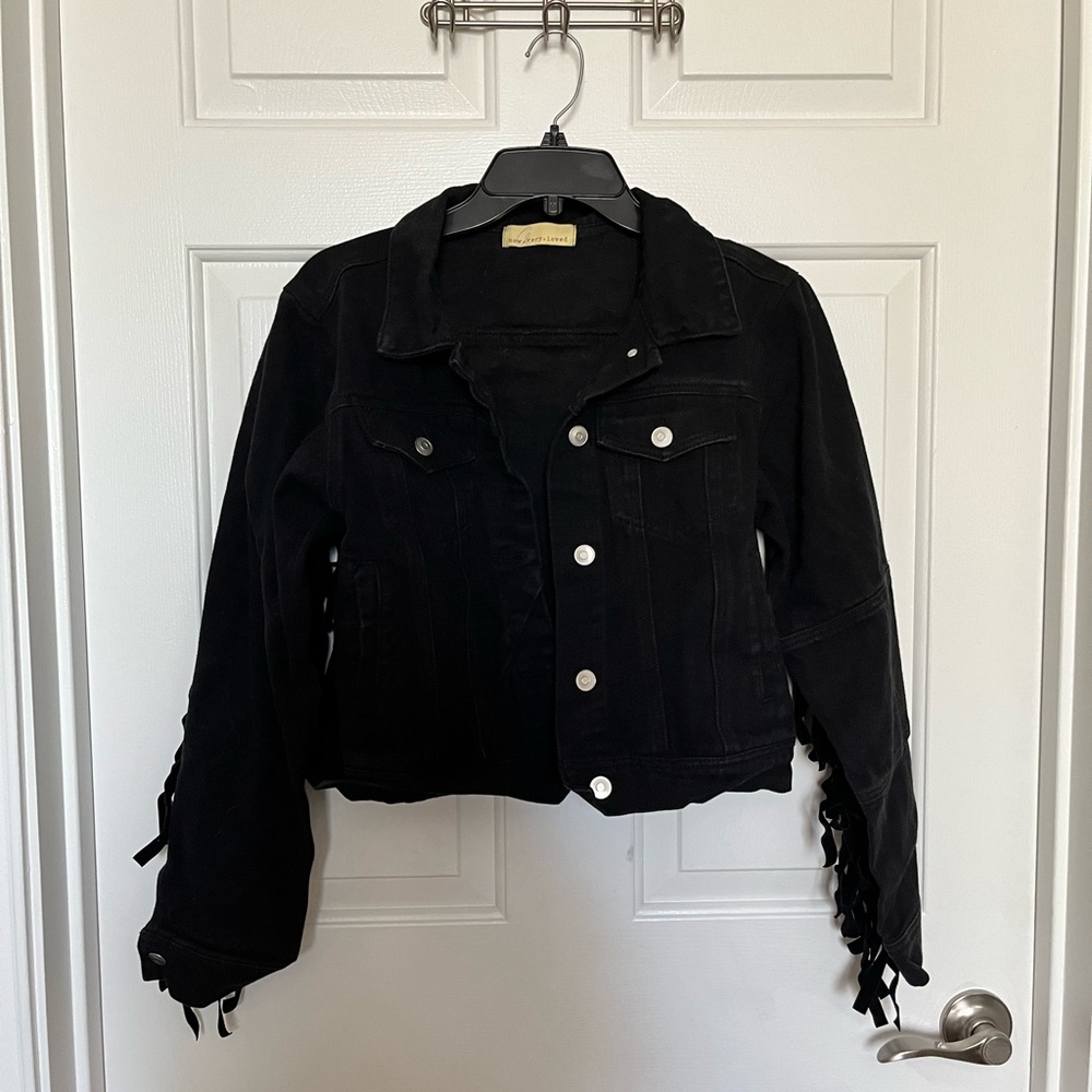 Fringe Back Black Denim Jacket Size Small